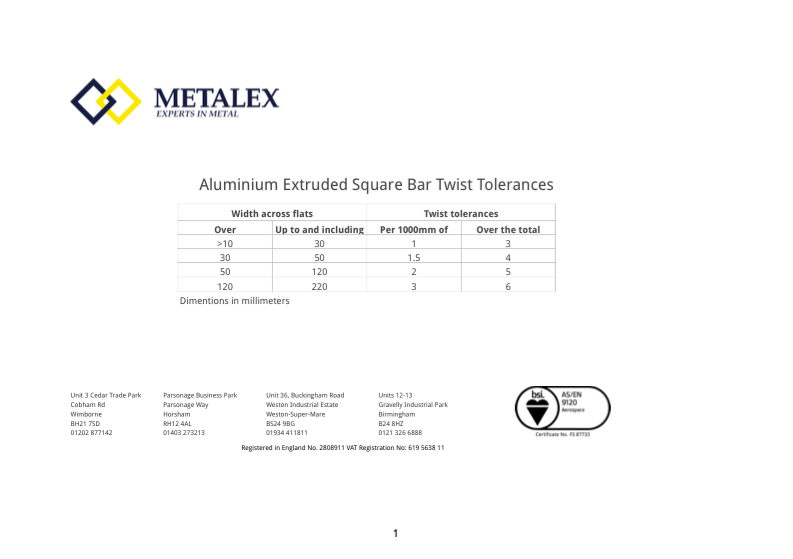Aluminium Extruded Square Bar Twist Tolerances Metalex